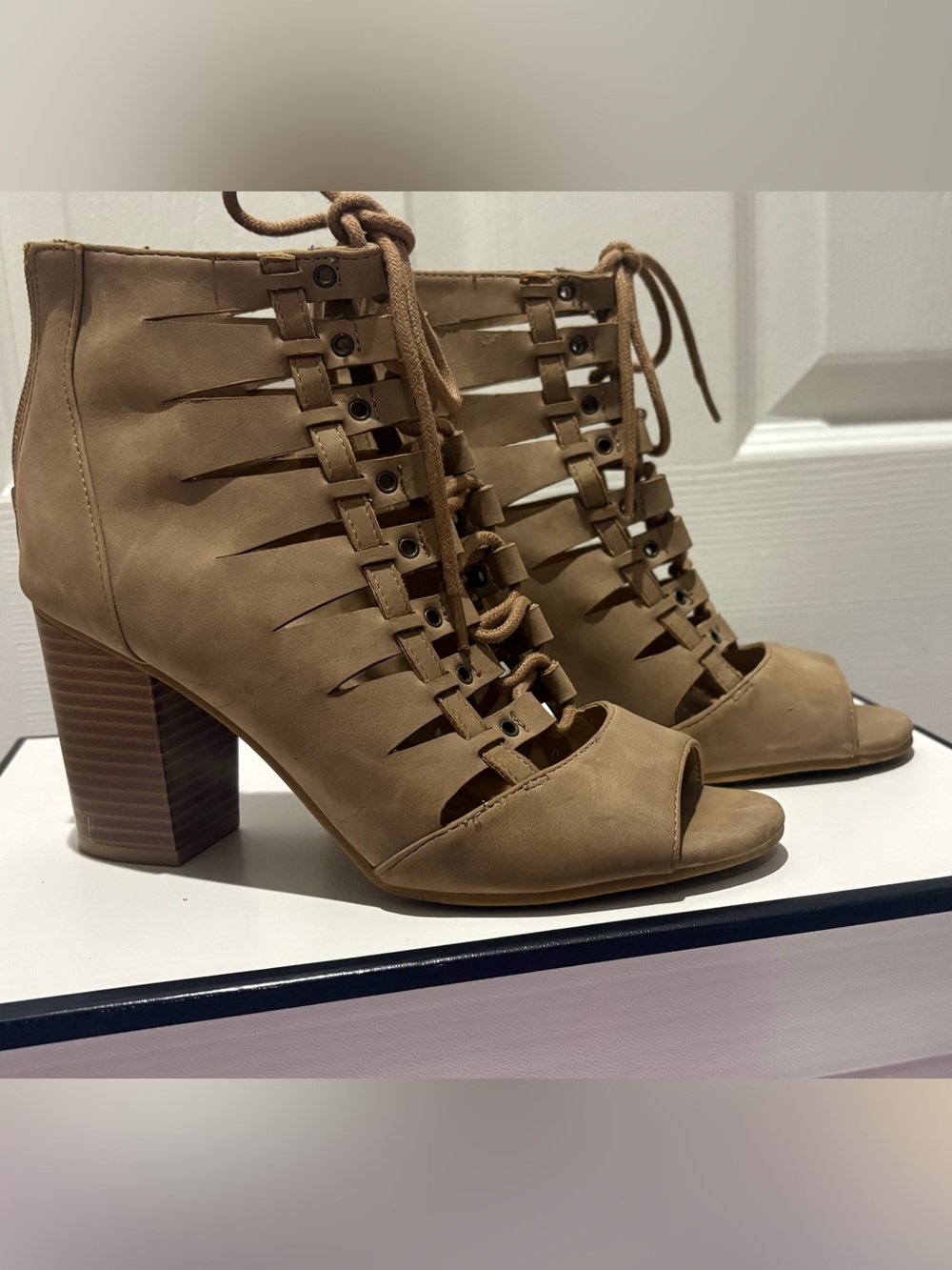 Rampage Tan Lace-Up Cutout Peep-Toe Block Heel Boots